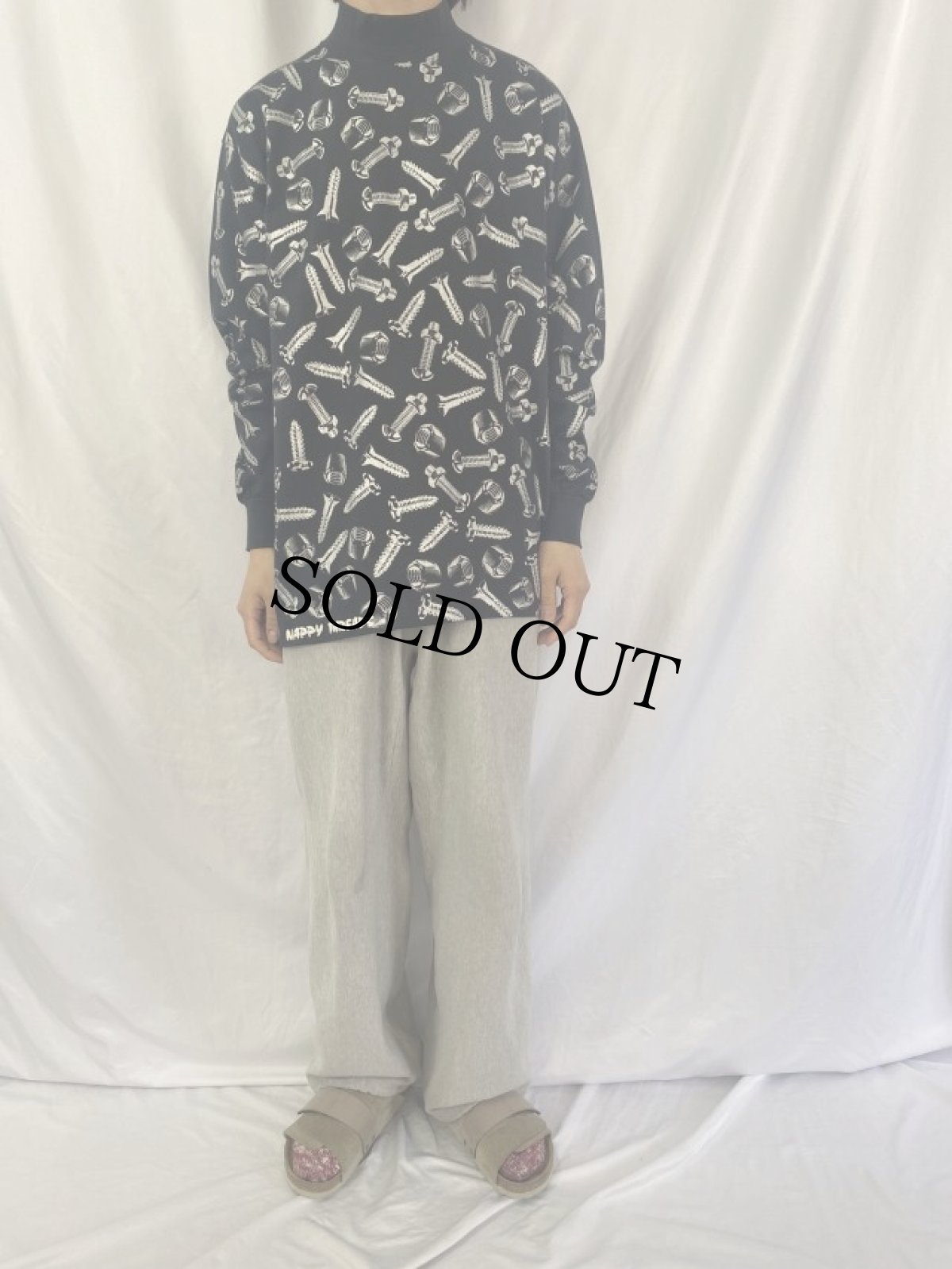 画像2: 90's Nappy Threads USA製 ネジプリント モックネックロンT XL (2)