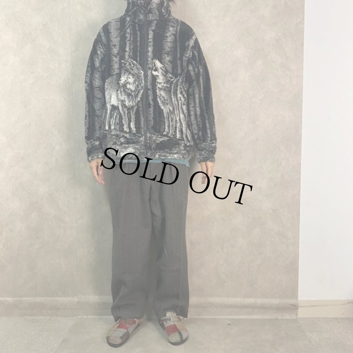 画像3: BLACK MOUNTAIN USA製 オオカミ柄 フリースジャケット L (3)