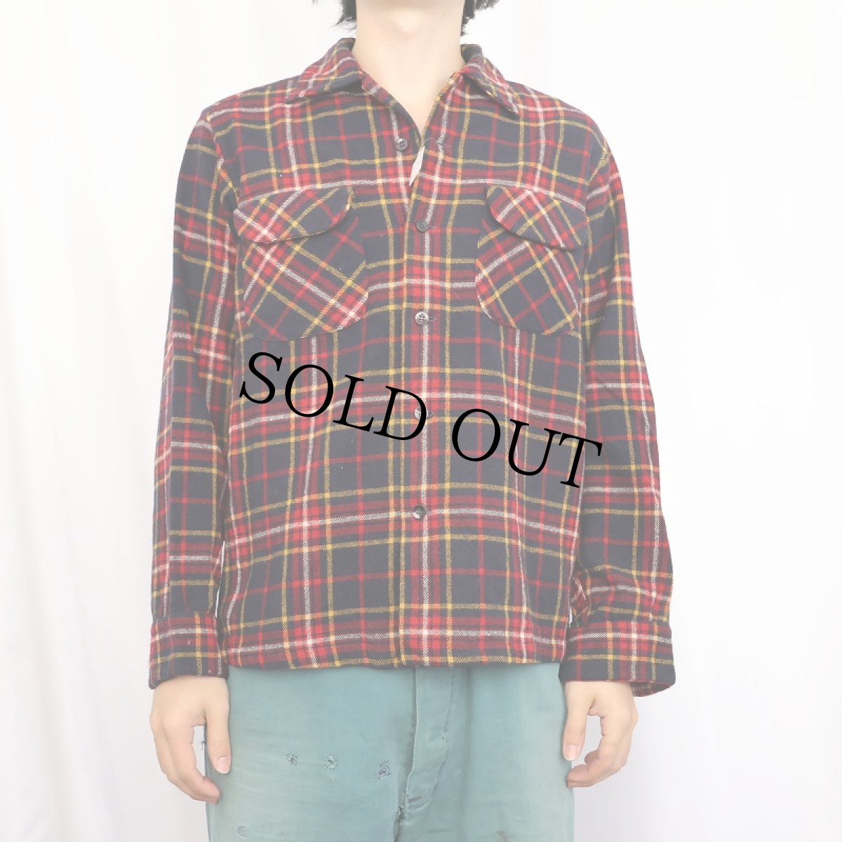 画像2: 60's PENDLETON チェック柄 オープンカラーウールシャツ M (2)