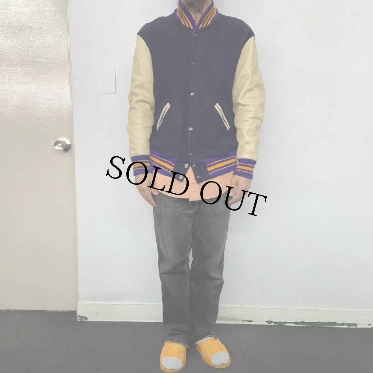 画像2: VINTAGE レザー×ウール スタジャン (2)