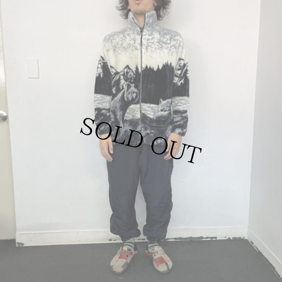 画像3: BLACK MOUNTAIN USA製 オオカミ柄 フリースジャケット S (3)