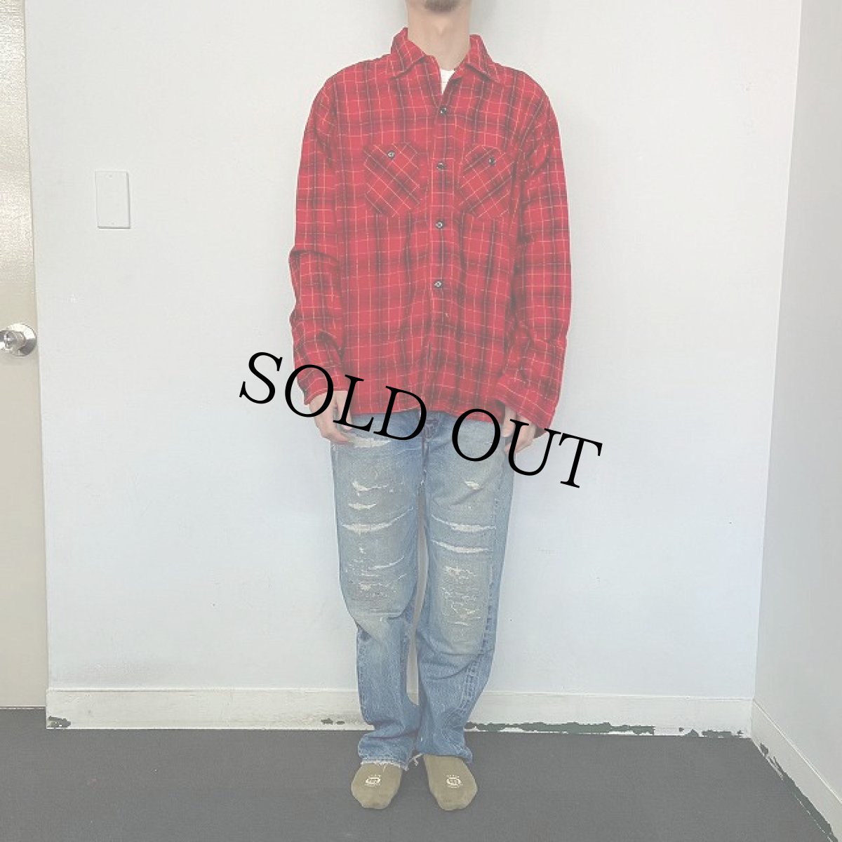 画像2: 50's〜 PERSONALITY チェック柄 オープンカラー プリントライトネルシャツ L (2)