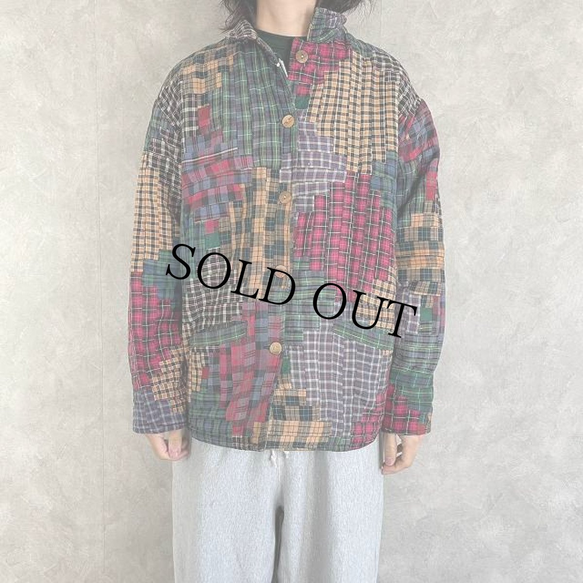 画像5: クレイジーパターン チェック柄ネル パッチワークジャケット M (5)