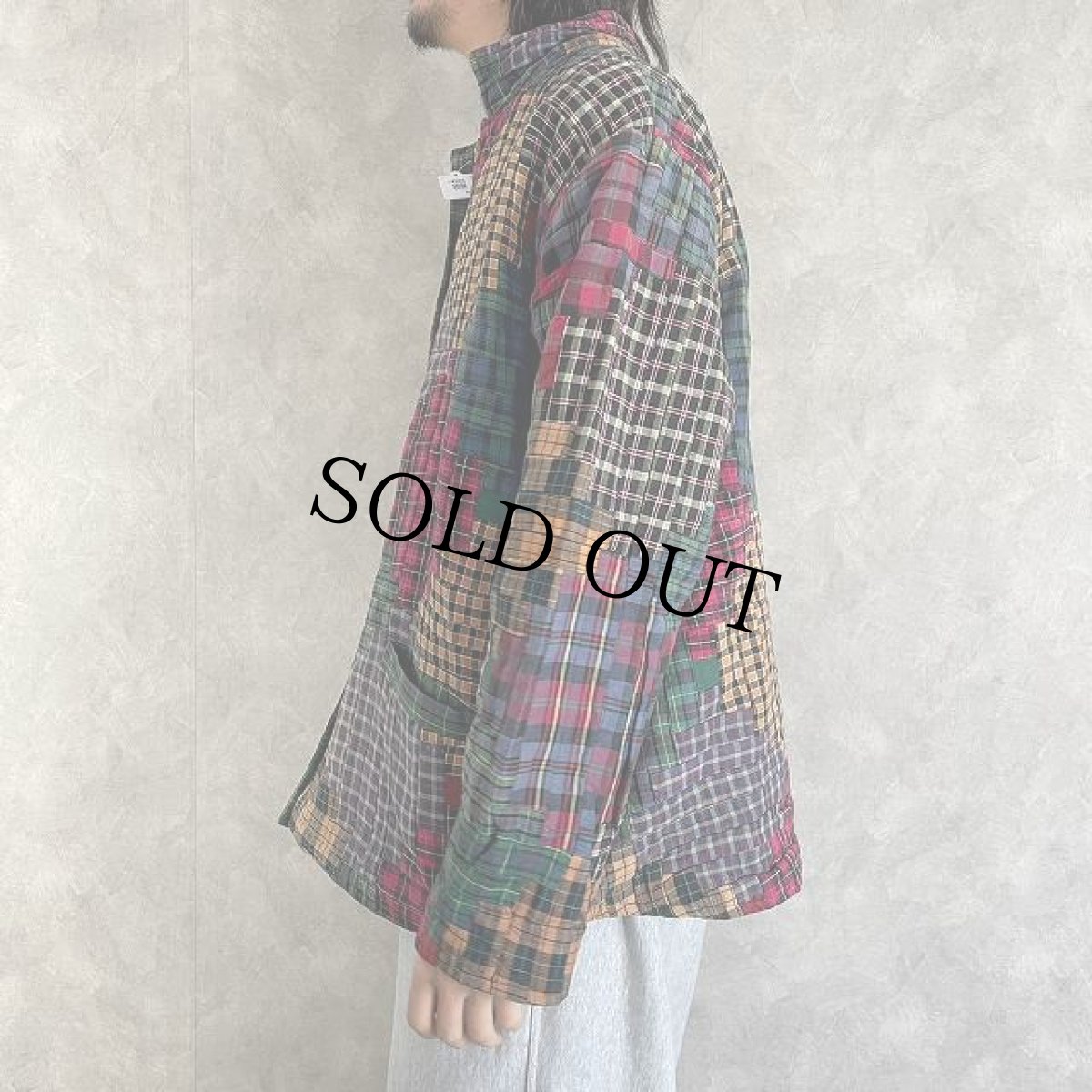 画像6: クレイジーパターン チェック柄ネル パッチワークジャケット M (6)