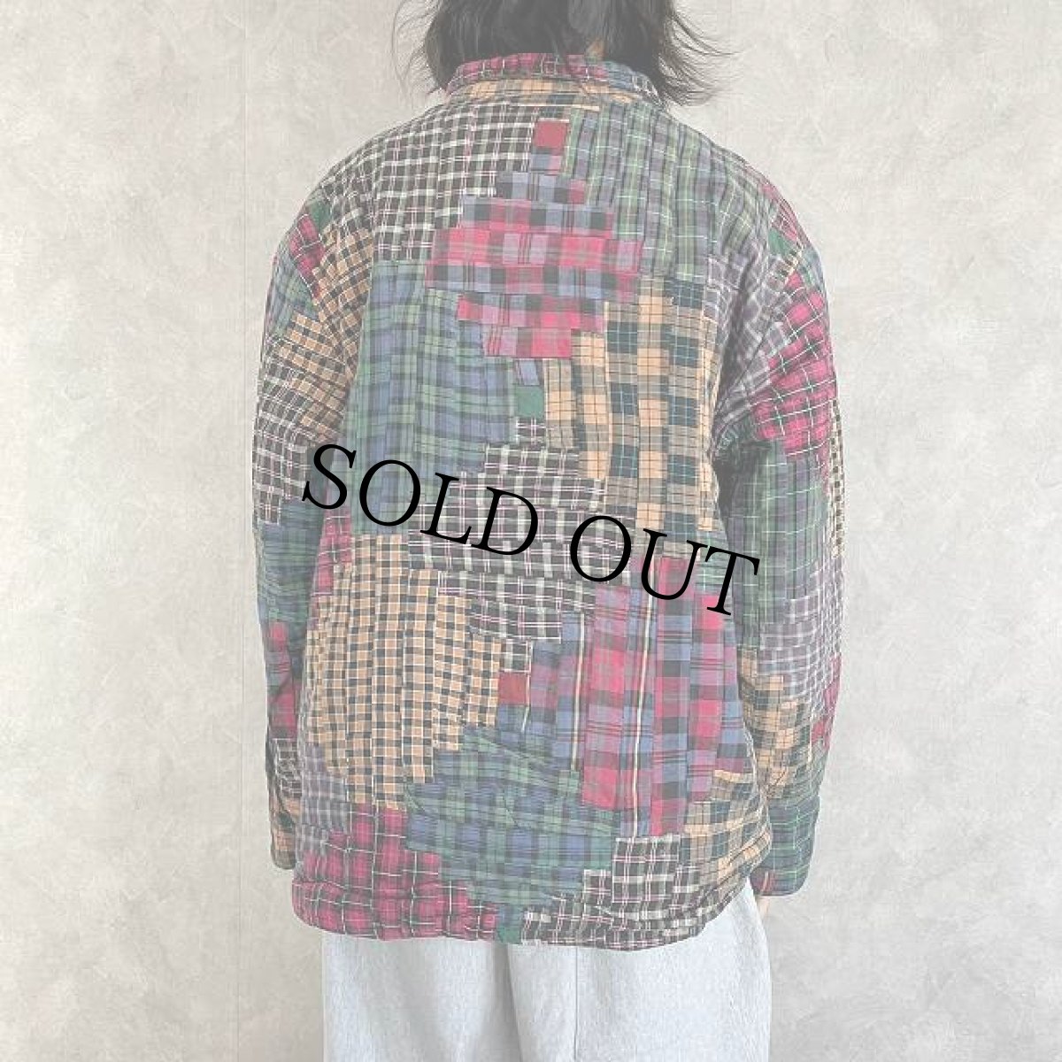 画像7: クレイジーパターン チェック柄ネル パッチワークジャケット M (7)