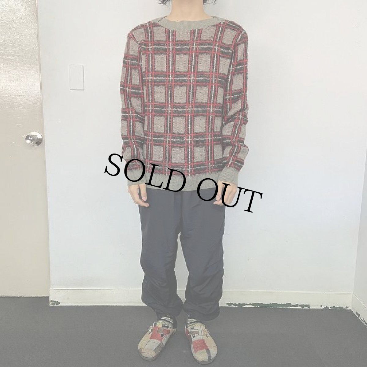 画像2: 60's RABHOR チェック柄モヘアニット デザインネックセーター L (2)