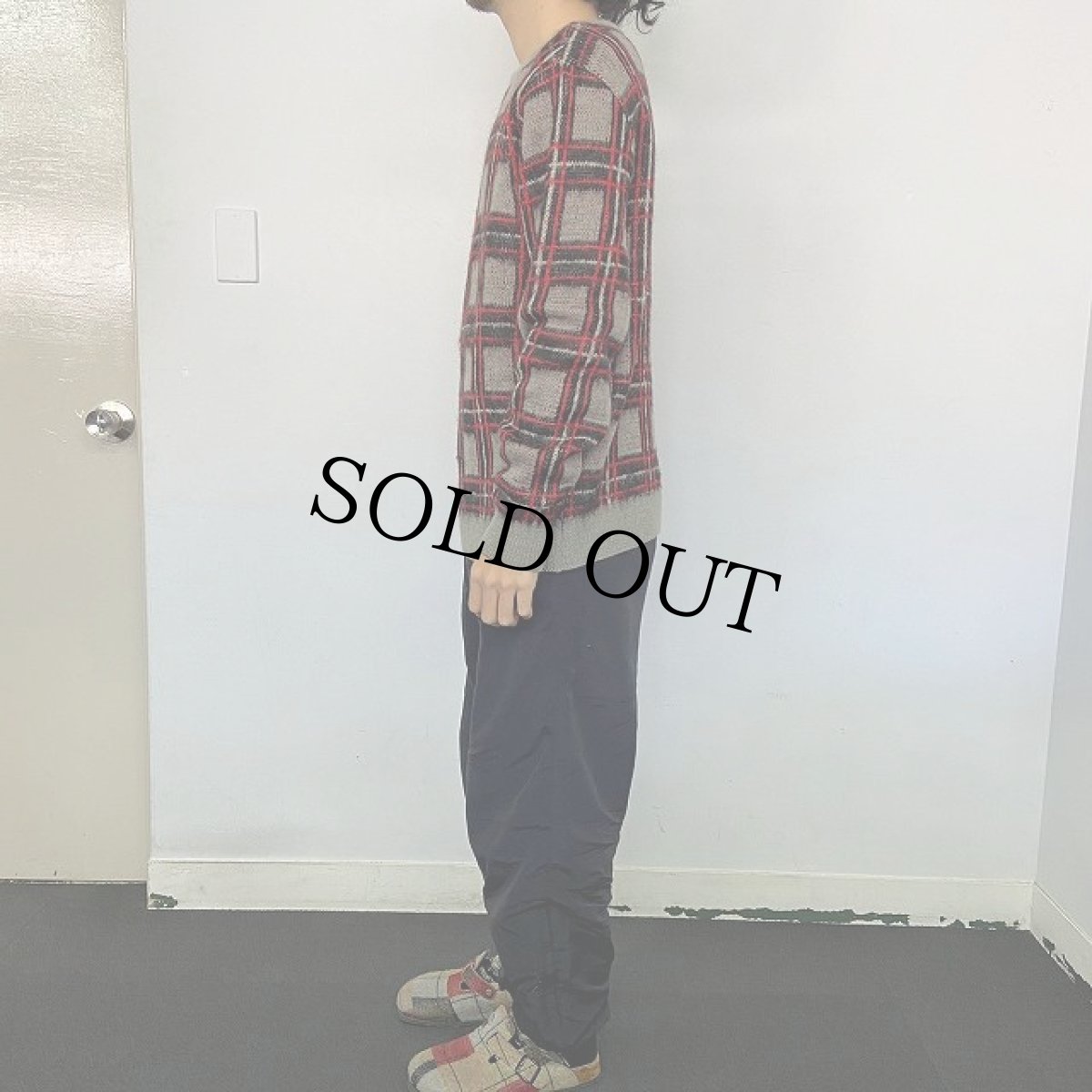 画像3: 60's RABHOR チェック柄モヘアニット デザインネックセーター L (3)