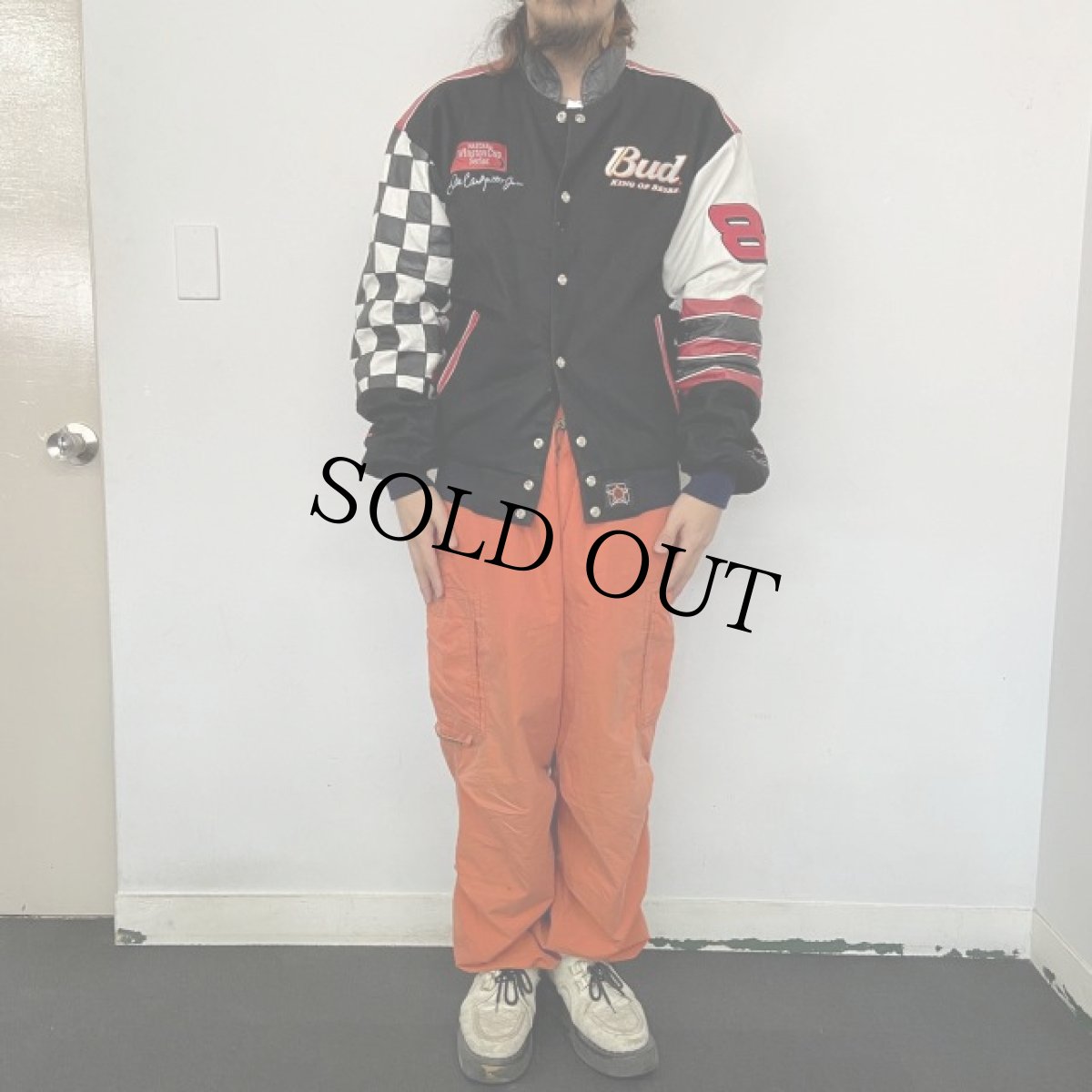 画像4: 90's JEFF HAMILTON "Budweiser" レザー切り替え リバーシブルレーシングジャケット M (4)