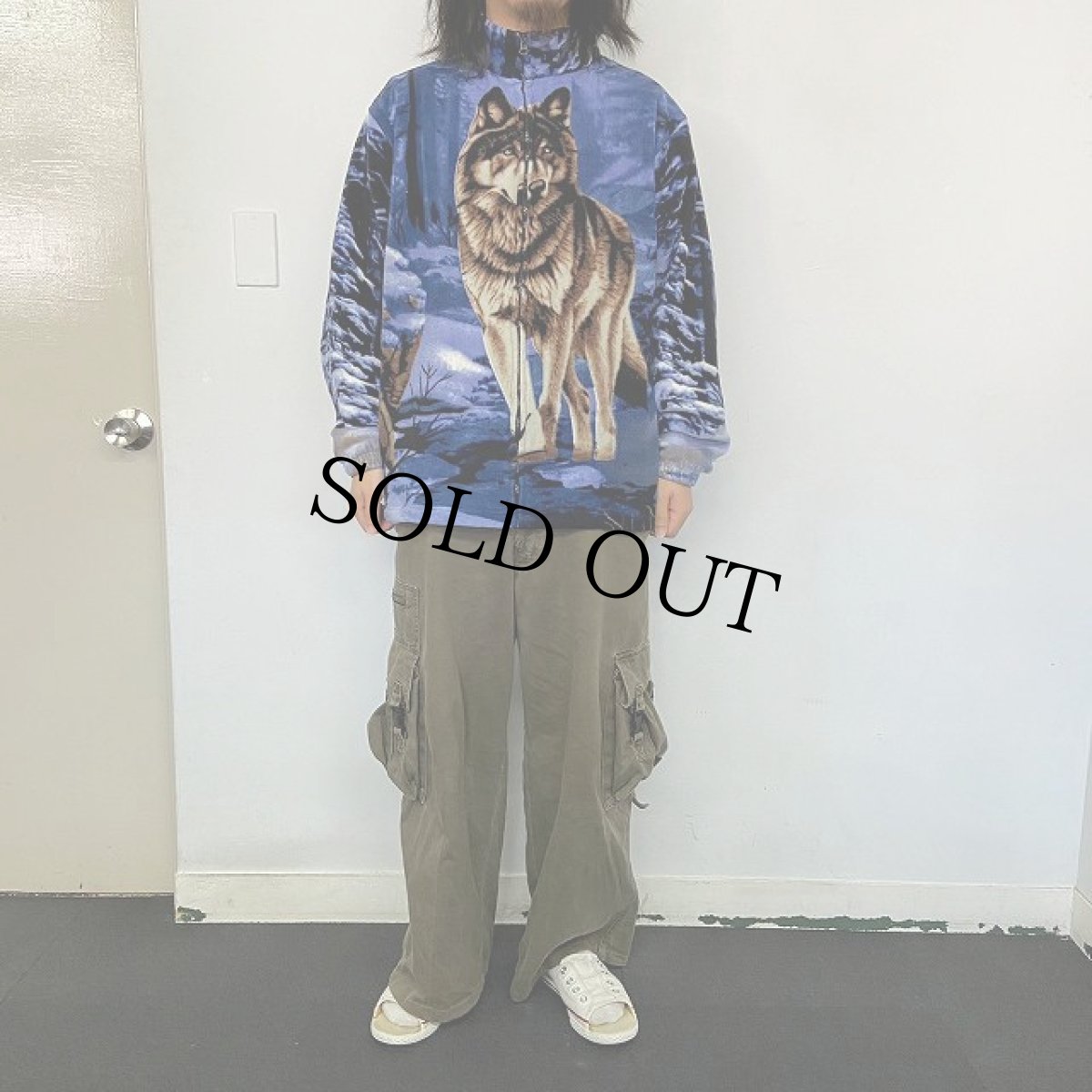 画像2: TRAIL CREST オオカミ柄フリースジャケット XL (2)
