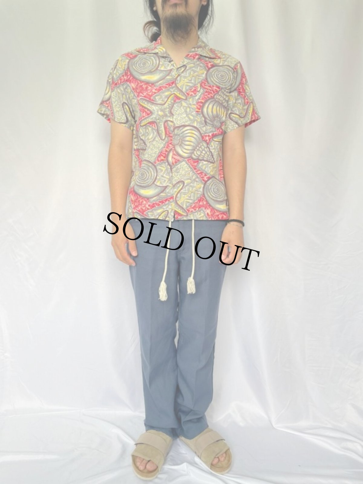 画像2: 50's〜60's シェル柄 オープンカラーコットンアロハシャツ (2)