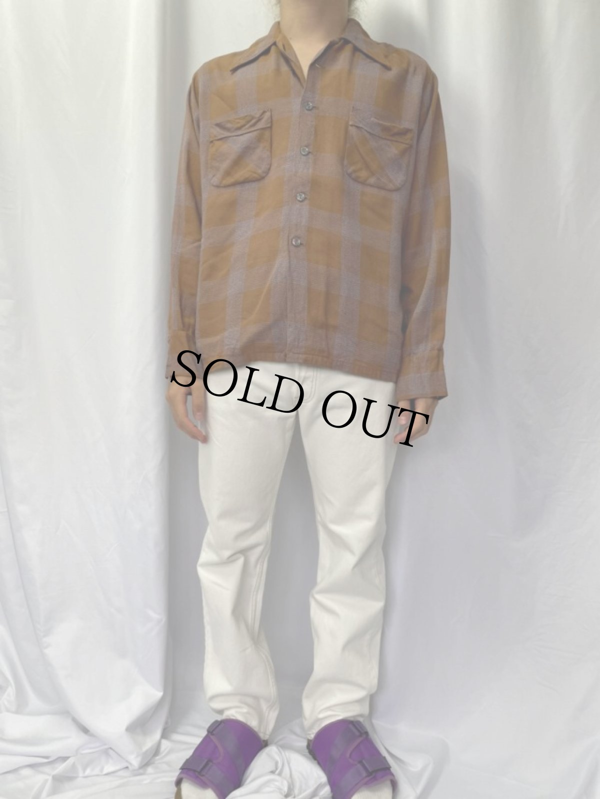 画像2: 60's Duke of Hollywood Co 織りチェック柄 ループカラーレーヨンシャツ L (2)