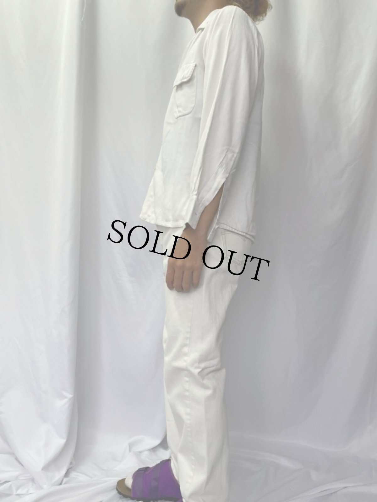 画像3: 50's〜60's Lancer ハンドステッチ入り ホワイトレーヨン ループカラーシャツ M (3)