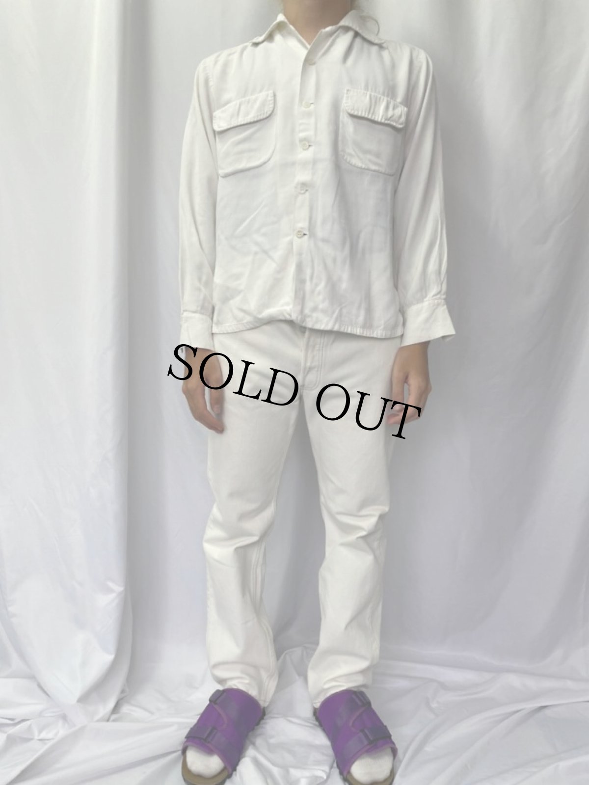 画像2: 50's〜60's Lancer ハンドステッチ入り ホワイトレーヨン ループカラーシャツ M (2)