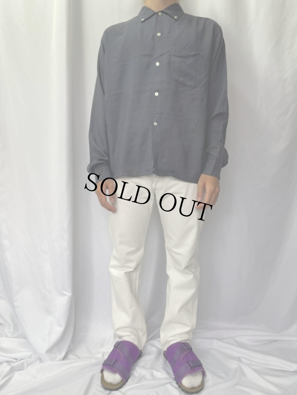 画像2: 60's CAMPUS 3点留ボタンダウン ブルーグレー レーヨンボックスシャツ L (2)