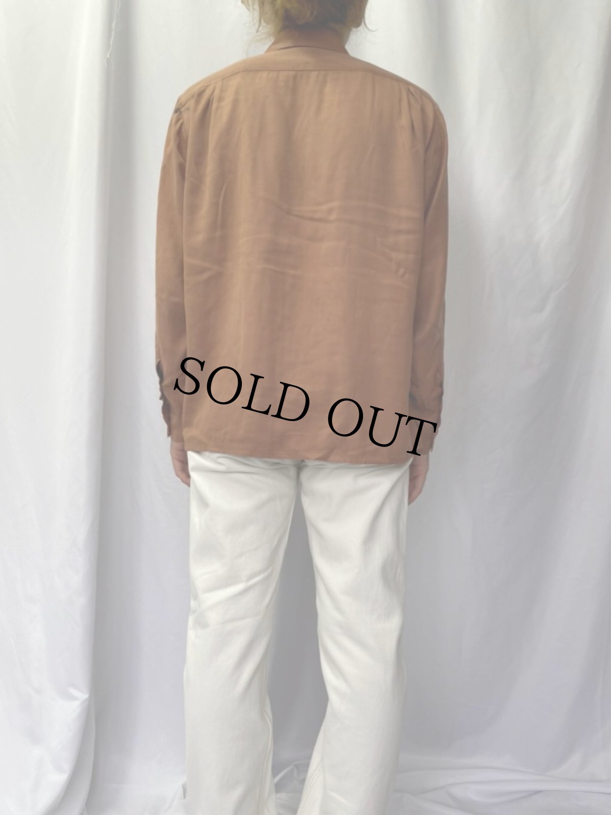 画像4: 40's〜50's air flo ブラウンレーヨン ジップアップ ループカラーシャツ M (4)