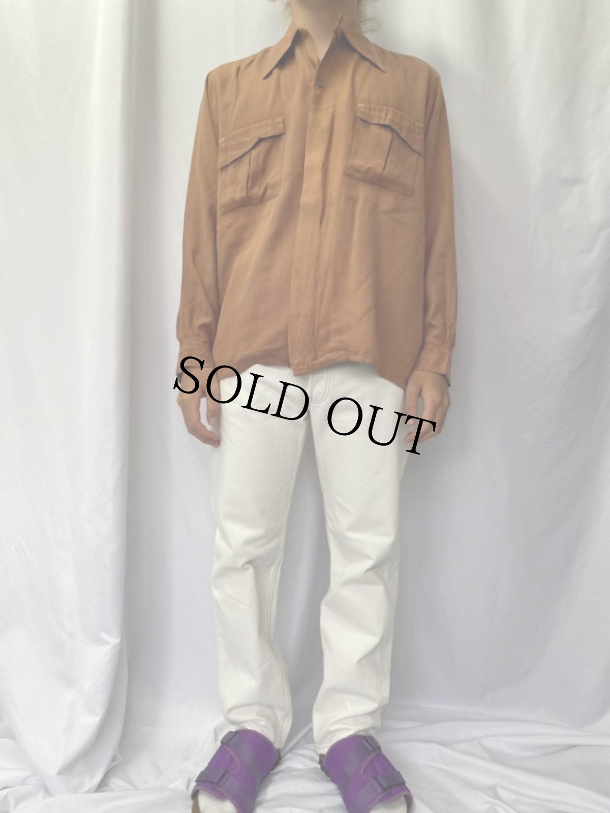 画像2: 40's〜50's air flo ブラウンレーヨン ジップアップ ループカラーシャツ M (2)