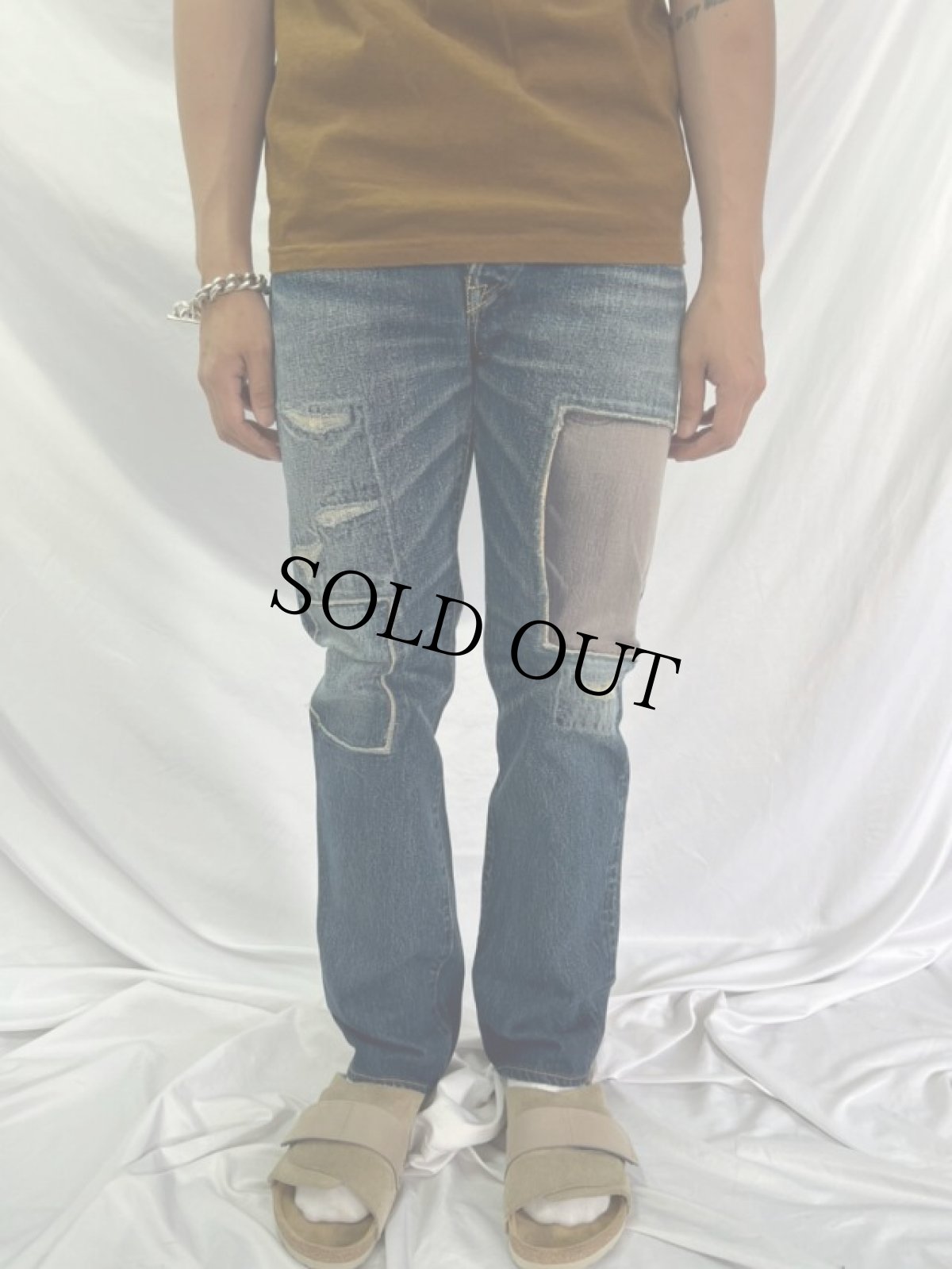 画像2: KAPITAL バックルバック パッチワークデニムパンツ W29 (2)