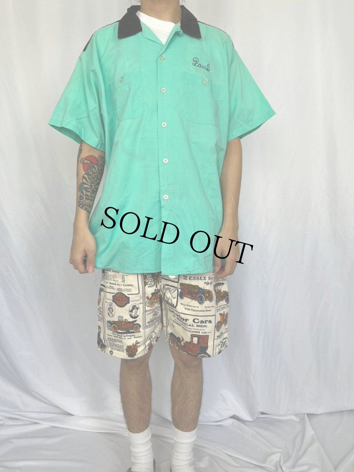 画像2: 50〜60's The Conqueror "PIZZA IN" チェーン刺繍 オープンカラーボーリングシャツ 17-17 1/2 (2)