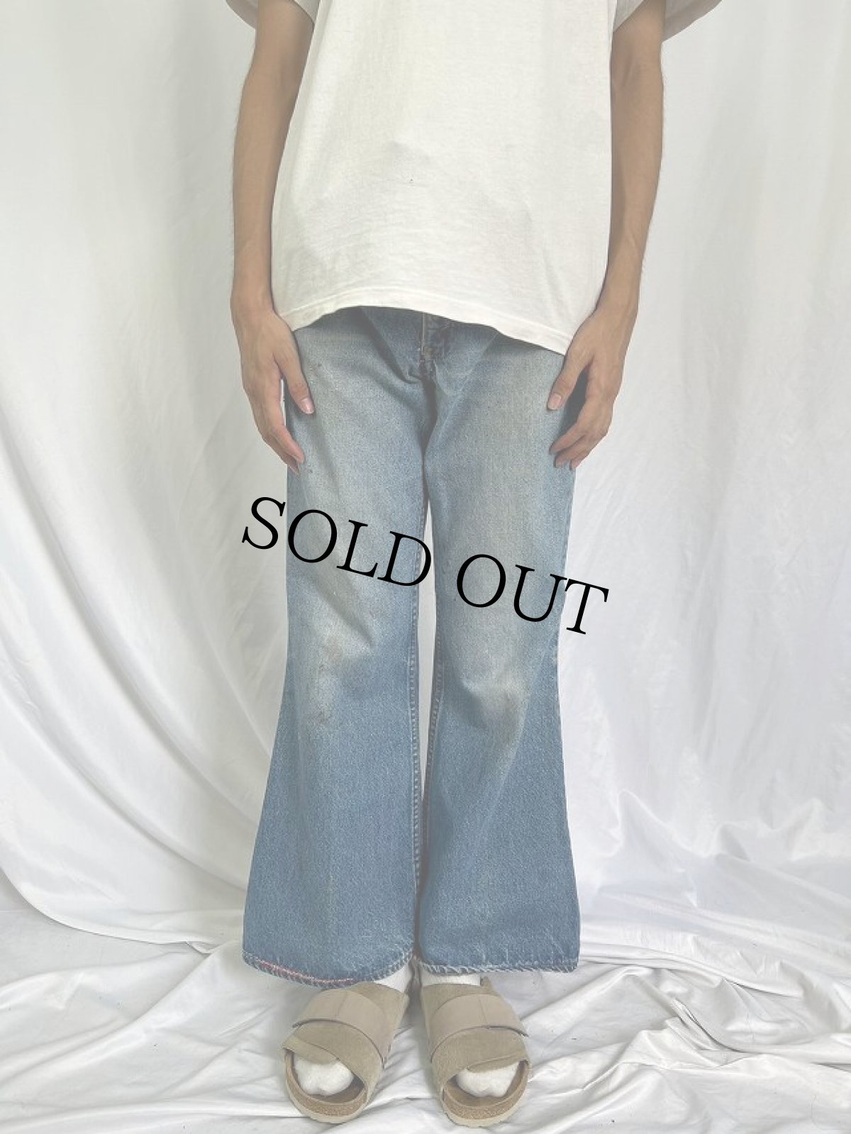 画像2: 70's LEVI'S 584-0217 BIGE ベルボトムデニムパンツ W35 (2)