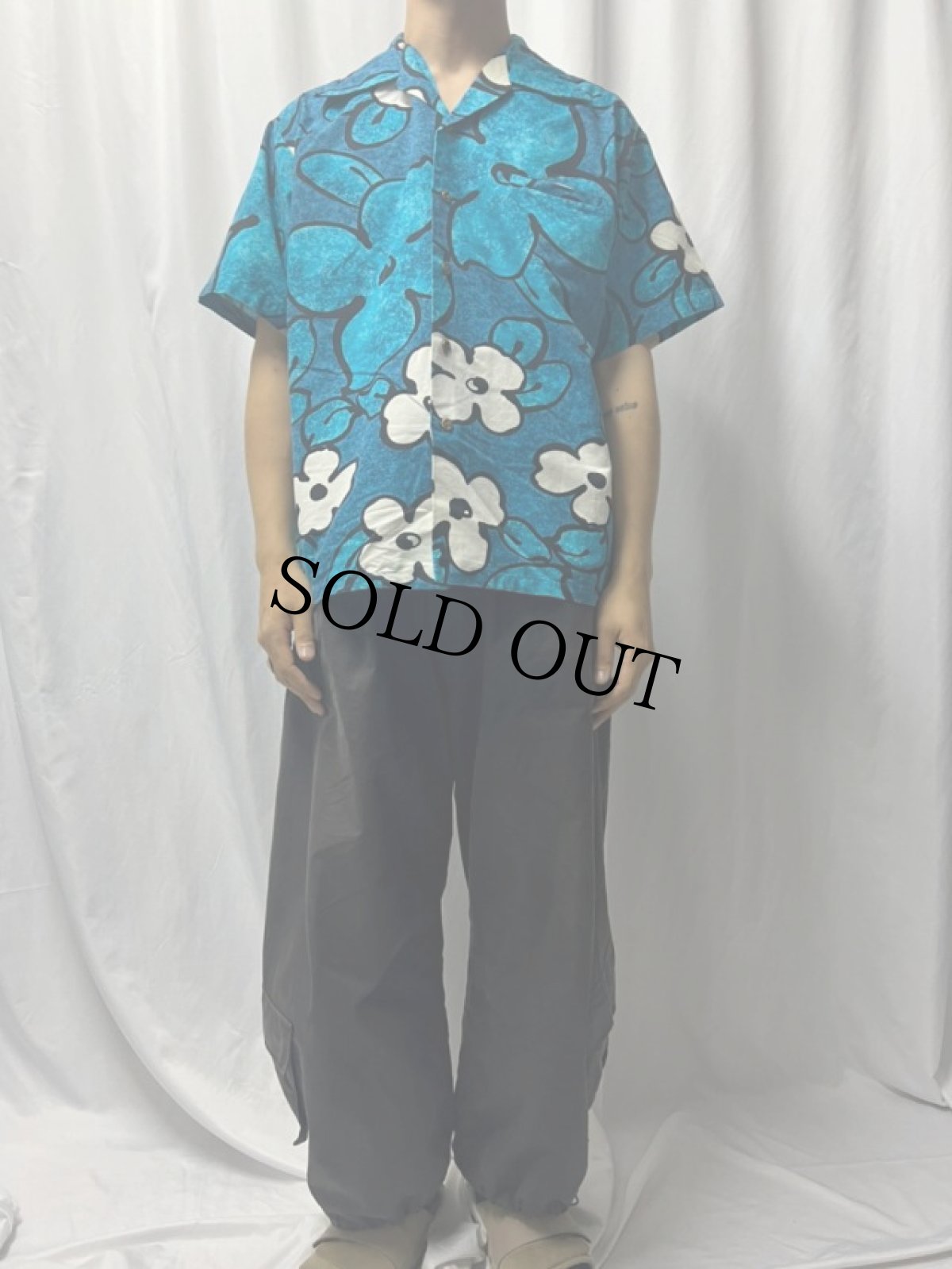 画像2: 70's SUN-DEX 花柄 コットンアロハシャツ L (2)