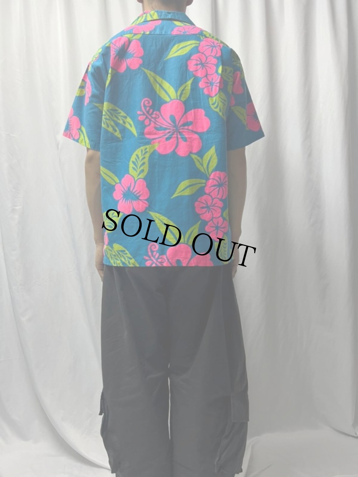 画像4: 70's 小銭ボタン ハイビスカス柄 コットンアロハシャツ (4)