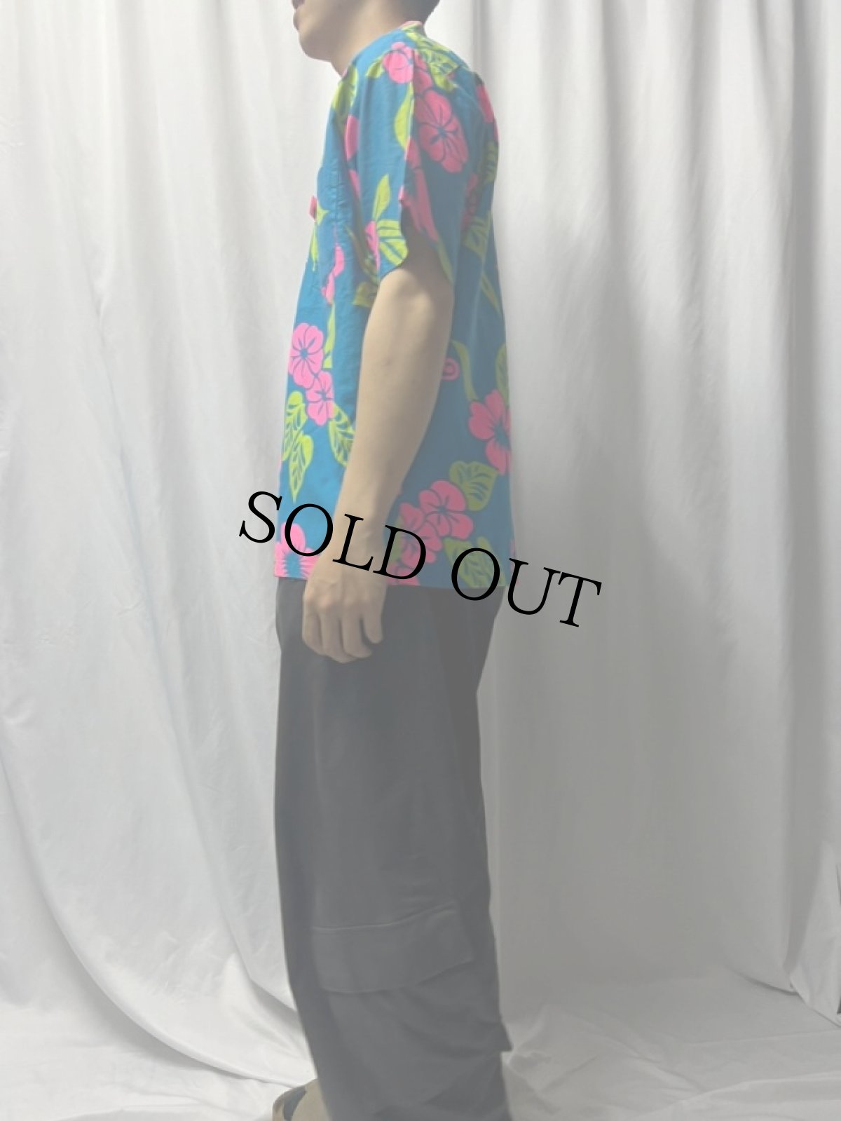 画像3: 70's 小銭ボタン ハイビスカス柄 コットンアロハシャツ (3)