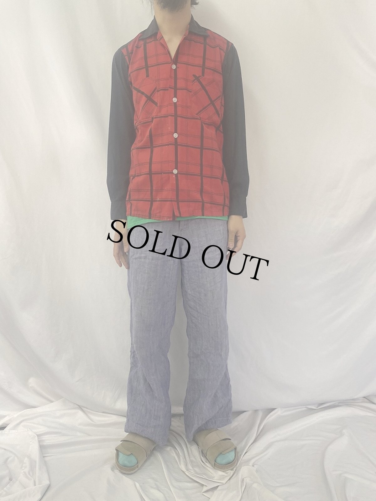 画像2: 60's Tooke チェック柄 2トーン オープンカラーコットンシャツ S (2)