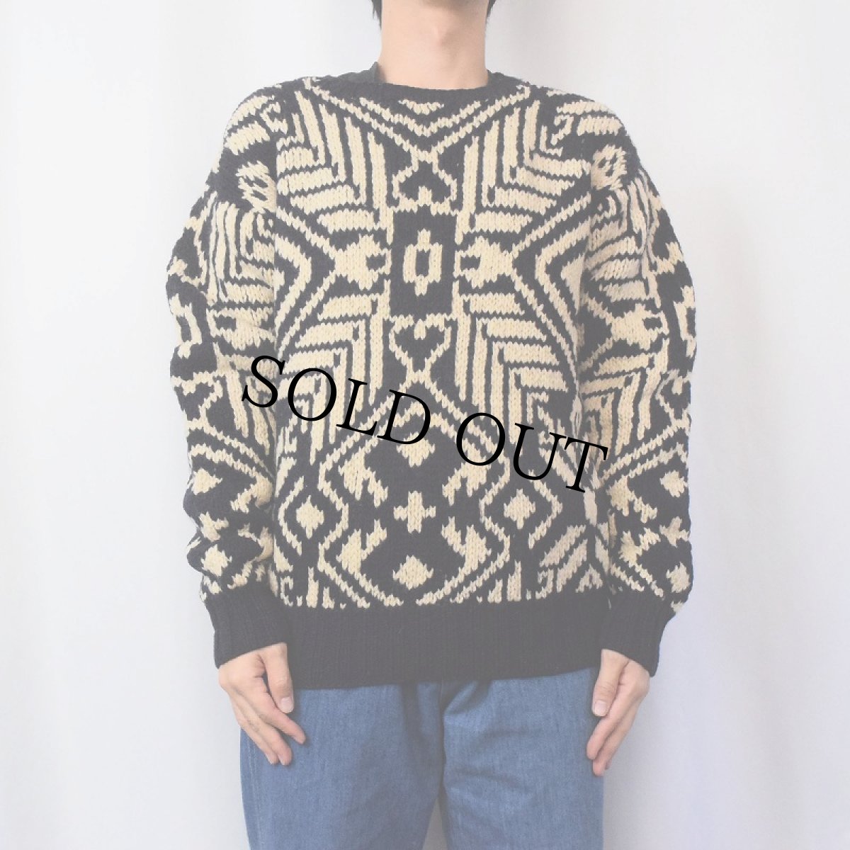 画像2: 90's Ralph Lauren ネイティブ柄 ウールニットセーター NAVY M (2)