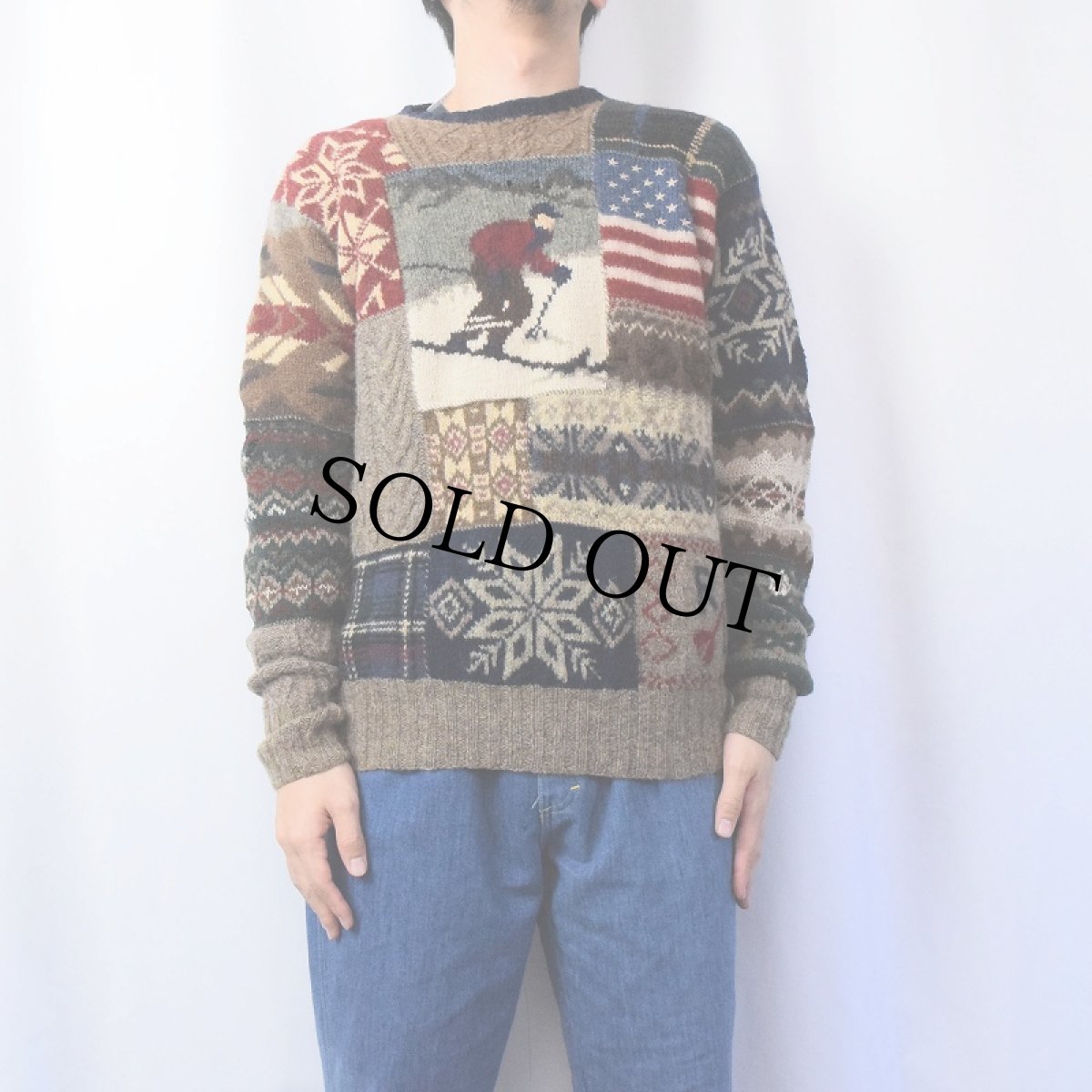 画像2: POLO Ralph Lauren スキー柄 パッチワークデザイン ウールニットセーター M (2)