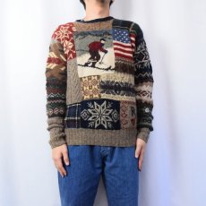 画像2: POLO Ralph Lauren スキー柄 パッチワークデザイン ウールニットセーター M (2)