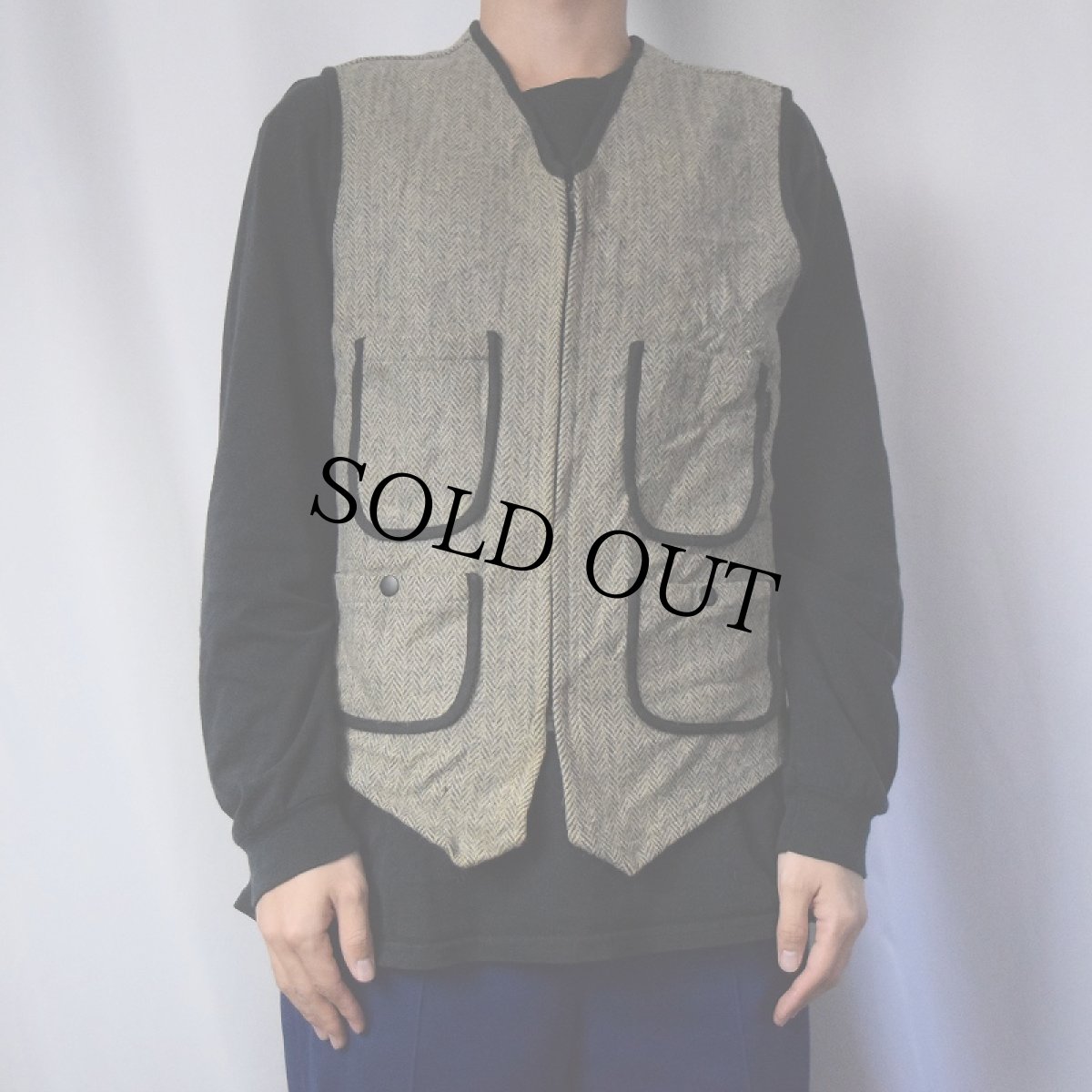 画像2: Woolrich ヘリンボーン織り ウールベスト M (2)