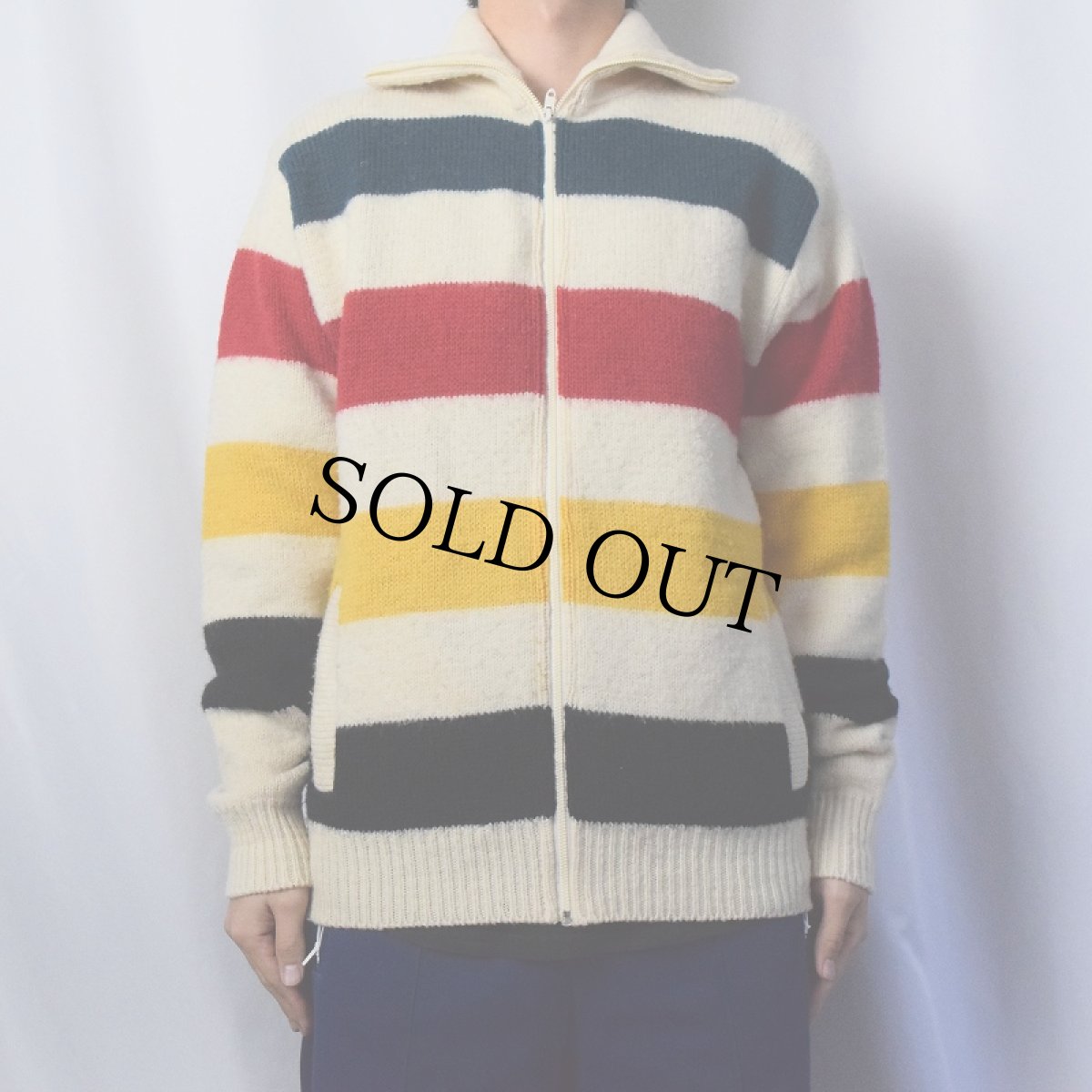 画像2: 80's L.L.Bean USA製 ボーダー柄 ウールニットジャケット L (2)