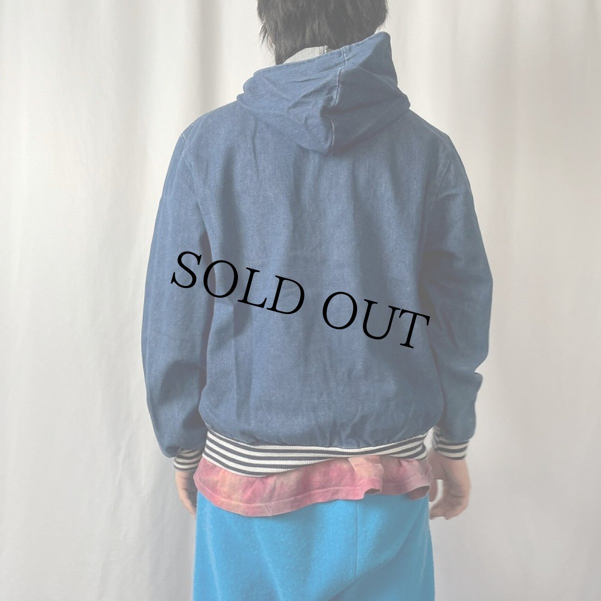 画像3: 90's CANADA製 フード付き リブストライプ ジップアップデニムジャケット M (3)