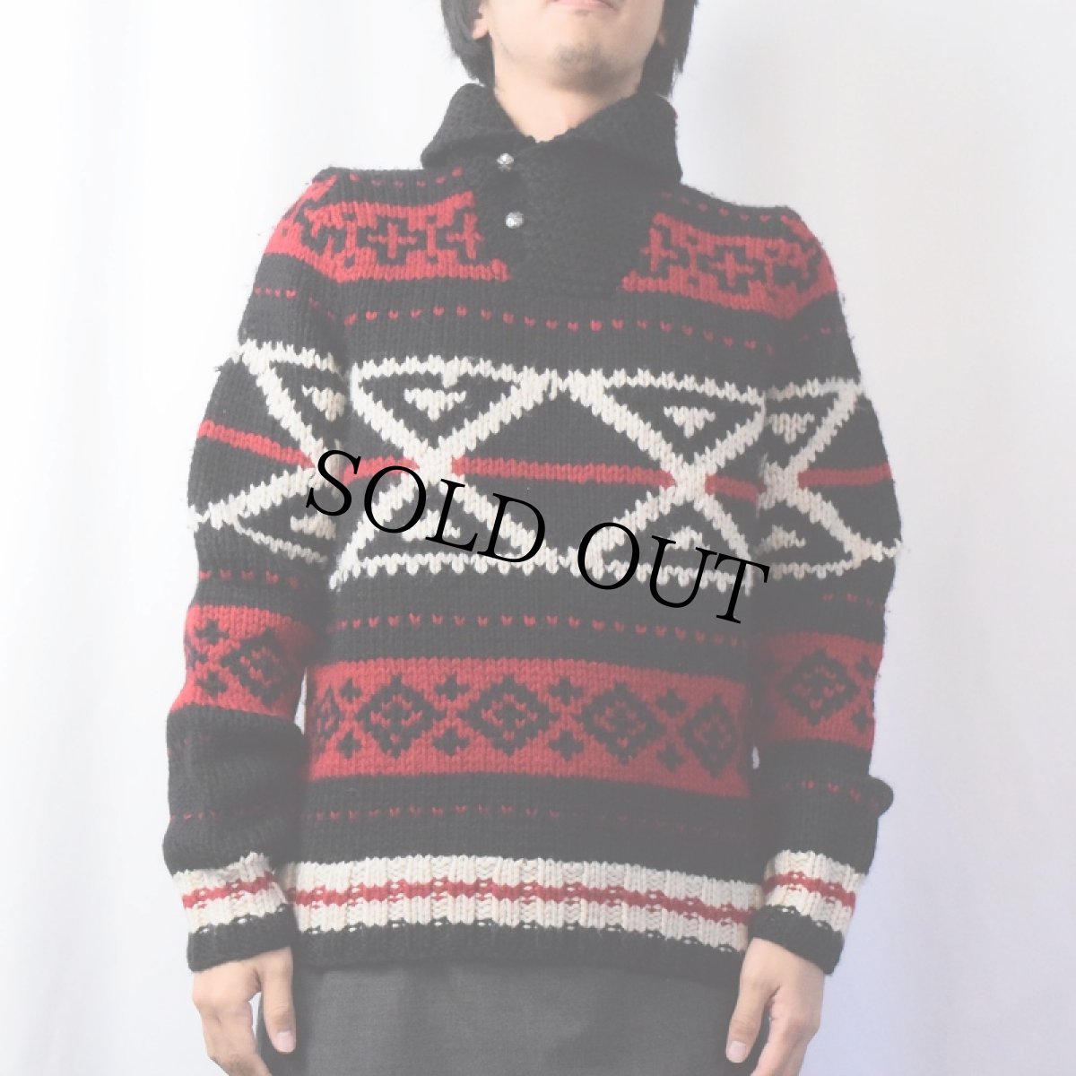 画像2: POLO Ralph Lauren ネイティブ柄 ショールカラー ウールハンドニットセーター L (2)