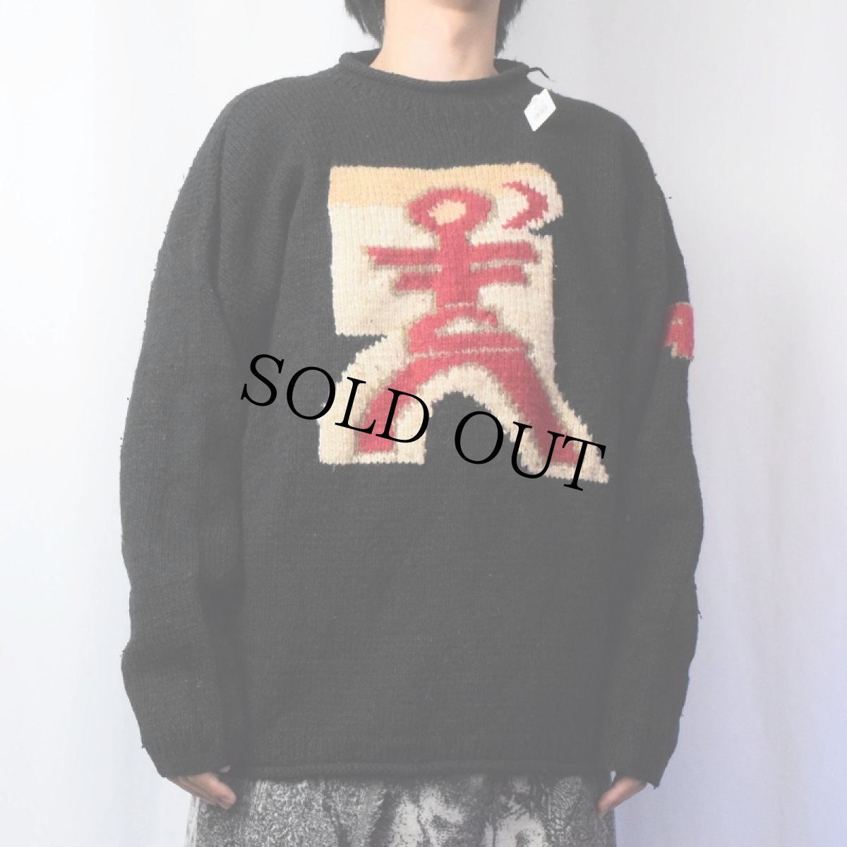 画像2: 柄編み ロールネック ウールニットセーター BLACK (2)