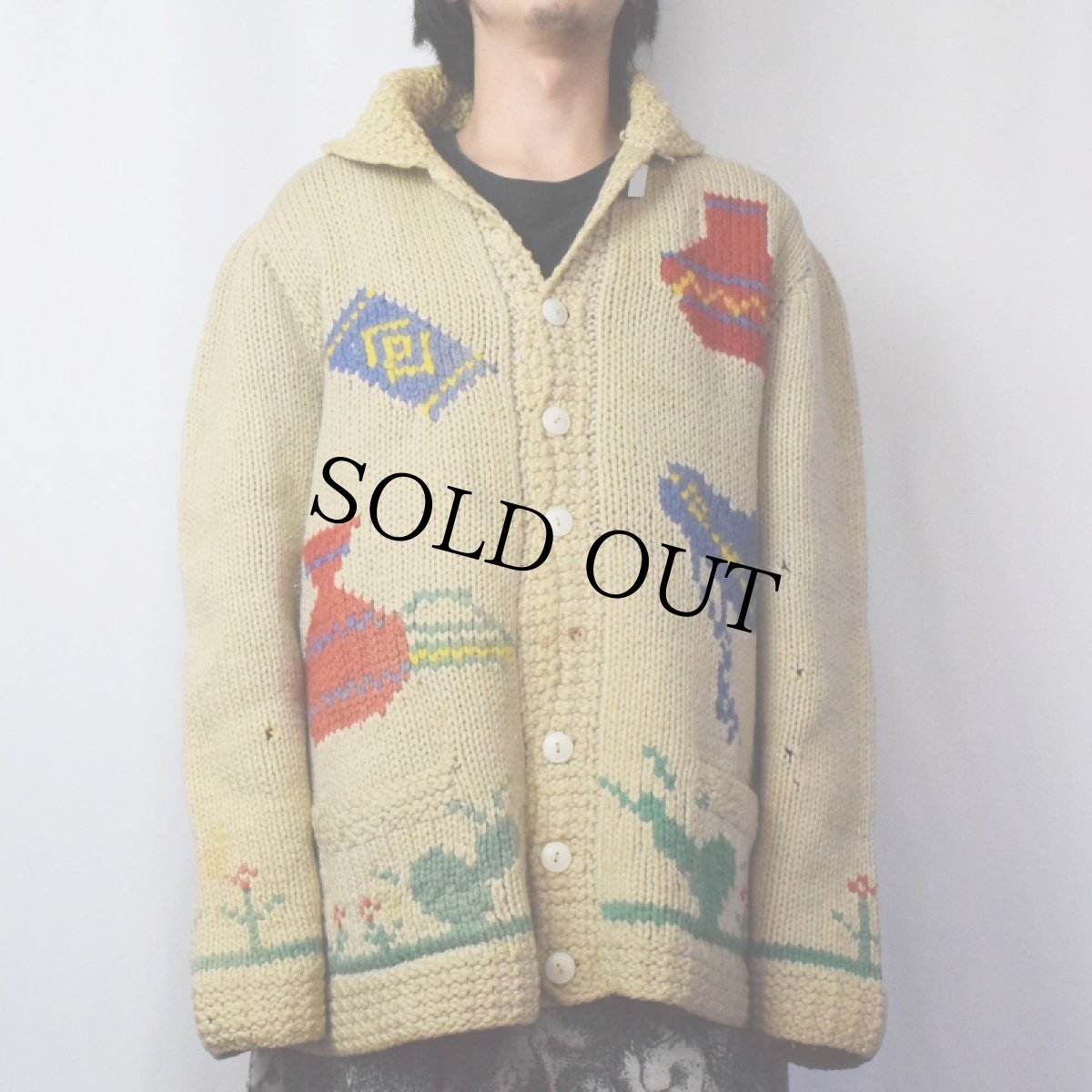 画像3: 60's 風景柄 ウールカウチンニットカーディガン (3)