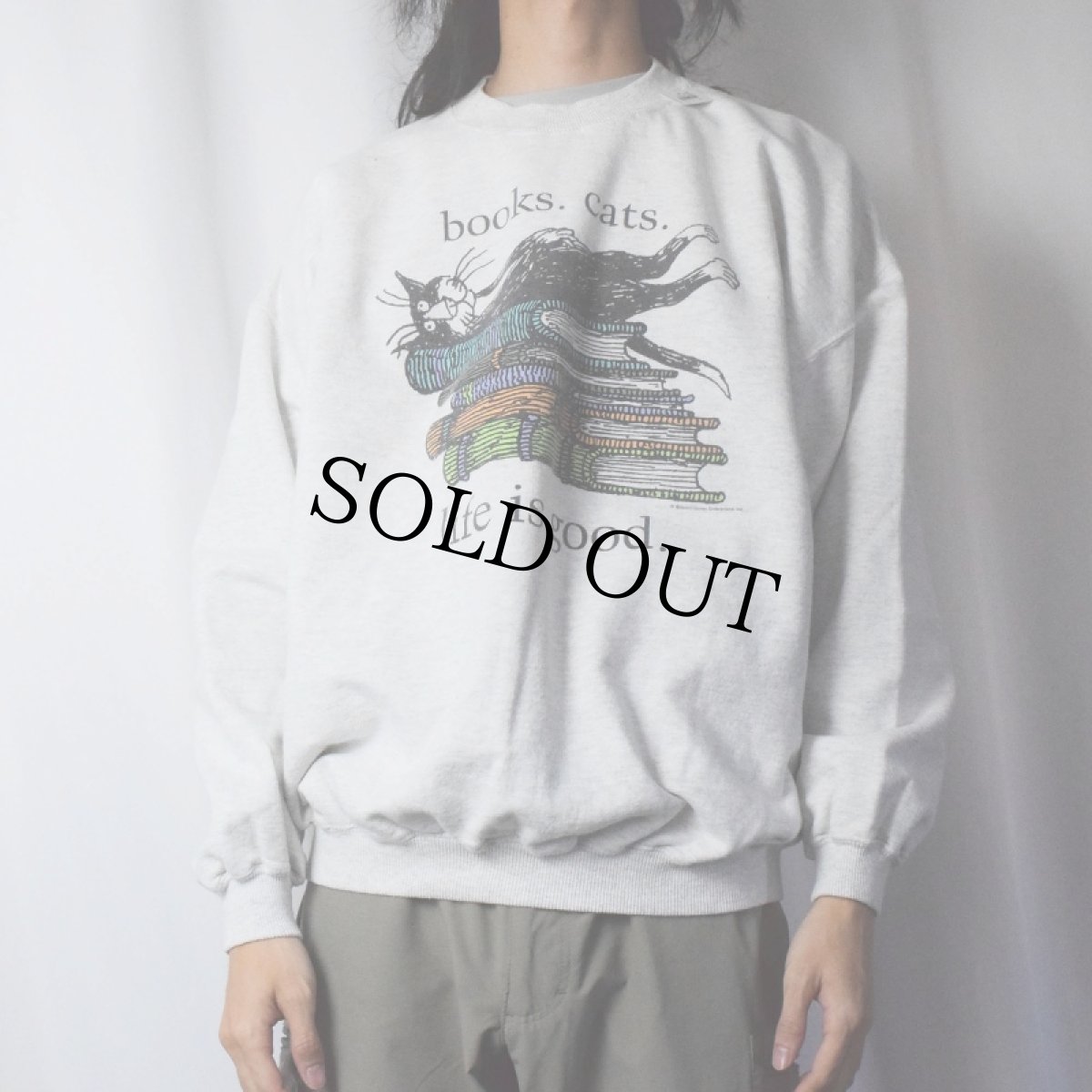 画像2: 90's Edward Gorey "books.cats." イラストプリントスウェット (2)