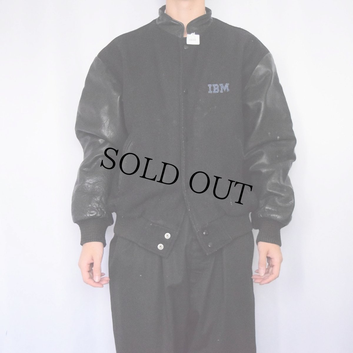 画像2: 90's AJ WEAR CANADA製 "IBM" ロゴ刺繍 メルトン×レザースタジャン BLACK L (2)