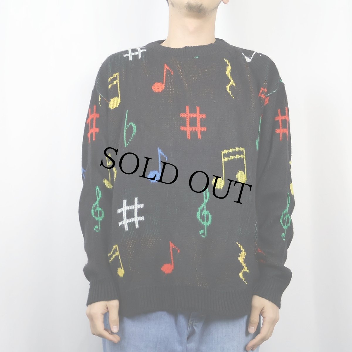 画像2: 80's AIM USA製 音符柄 ニットセーター BLACK M (2)