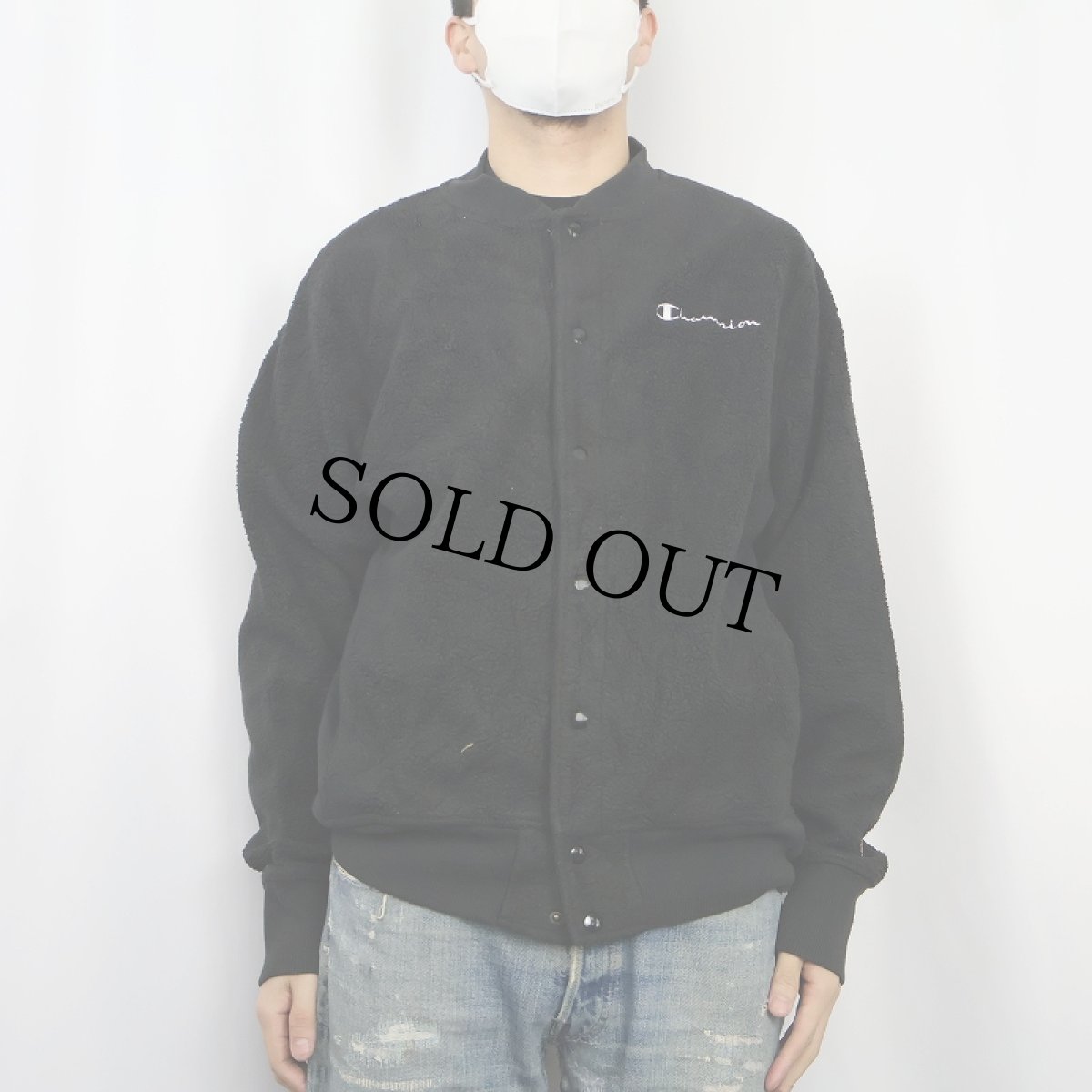 画像2: Champion ロゴ刺繍 フリース スナップジャケット BLACK L (2)