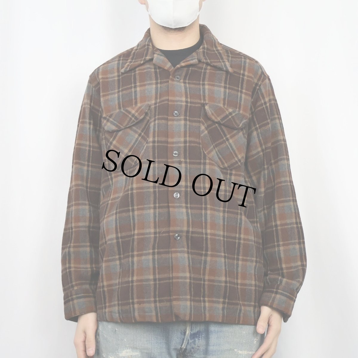 画像2: 70's Pendleton USA製 チェック柄 ウールオープンカラーシャツ XL (2)