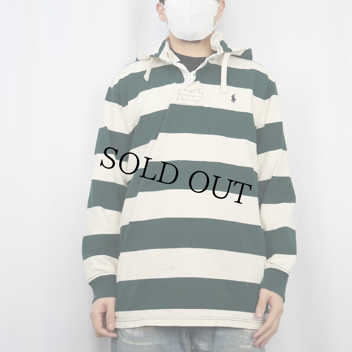 画像2: POLO Ralph Lauren ボーダー柄 フード付きラガーシャツ XL (2)