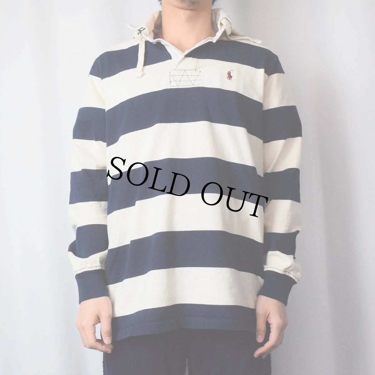 画像2: POLO Ralph Lauren ロゴ刺繍 ボーダー柄 フード付きラガーシャツ M (2)
