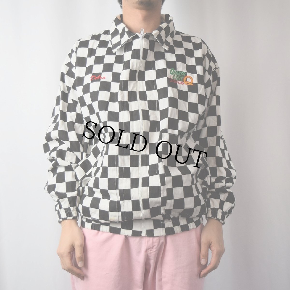 画像2: 80's USA製 チェッカー柄 ロゴ刺繍 コットンレーシングジャケット M (2)