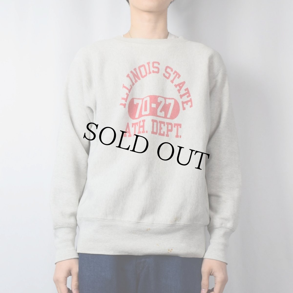 画像2: 70's Champion REVERSE WEAVE 初期単色タグ USA製 "ILLINOIS STATE" 染み込みプリントスウェット L (2)