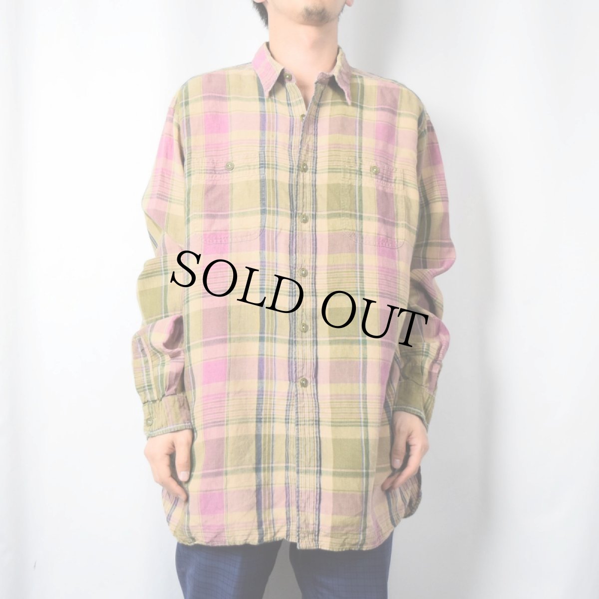 画像2: POLO Ralph Lauren チェック柄 チンスト×マチ付き リネンシャツ L (2)