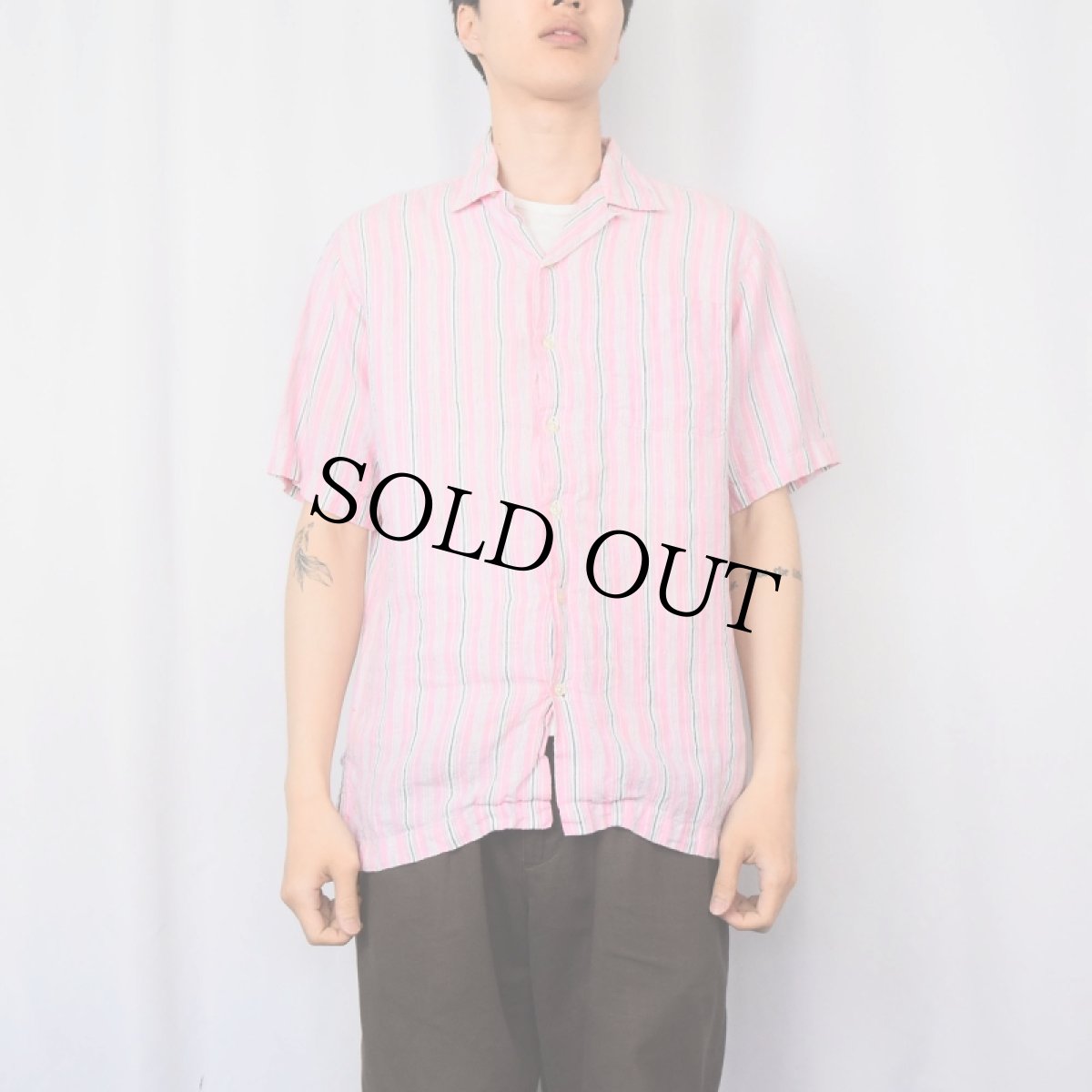 画像2: POLO Ralph Lauren "CALDWELL" リネン ストライプ柄オープンカラーシャツ S (2)