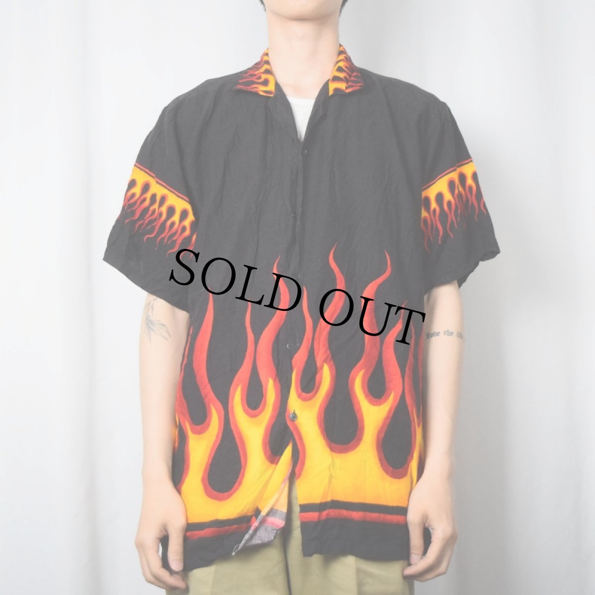 画像2: FLAME WEAR ファイヤーパターン レーヨンオープンカラーシャツ XL (2)