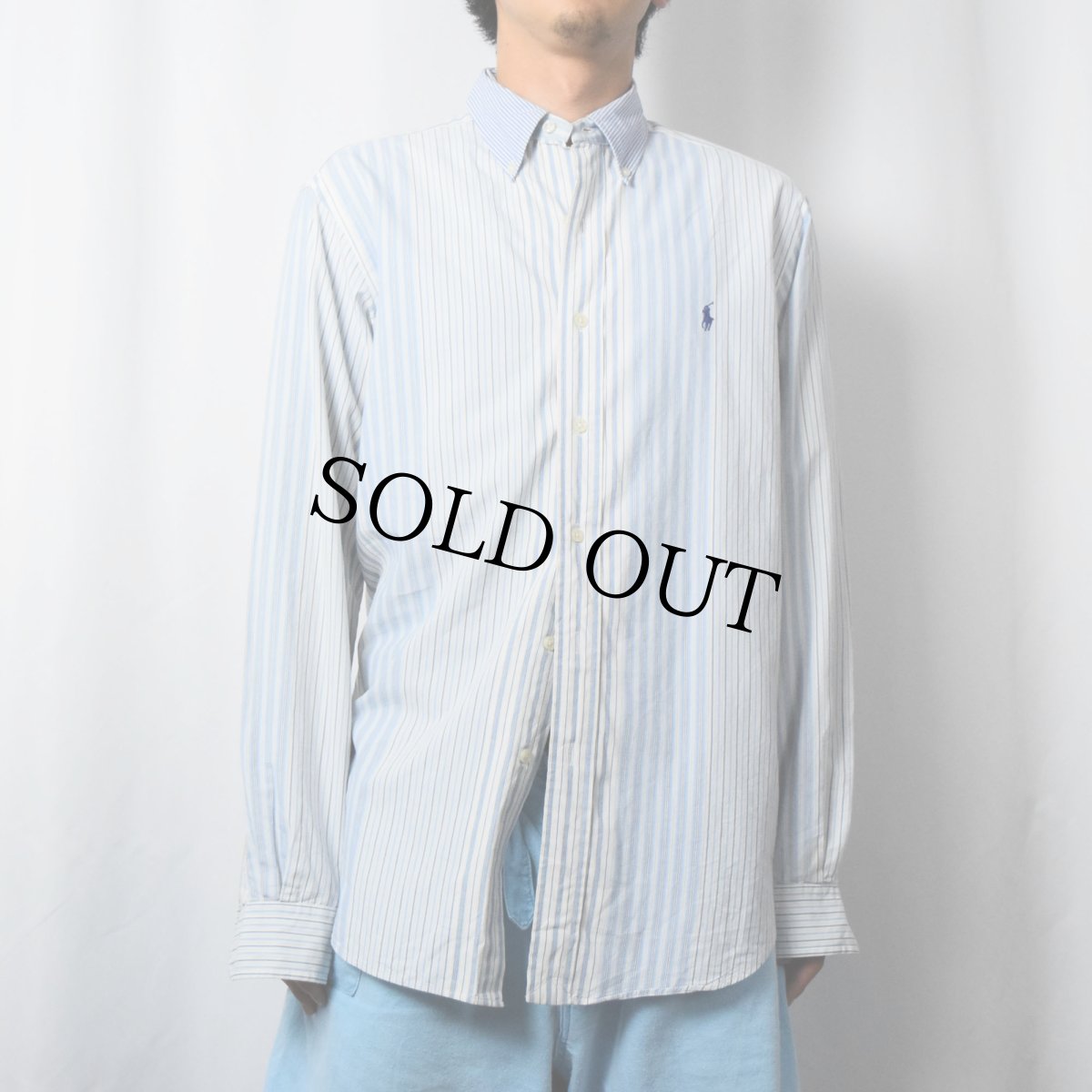 画像2: Ralph Lauren "CLASSIC FIT" マルチストライプ柄 ボタンダウンコットンシャツ M (2)