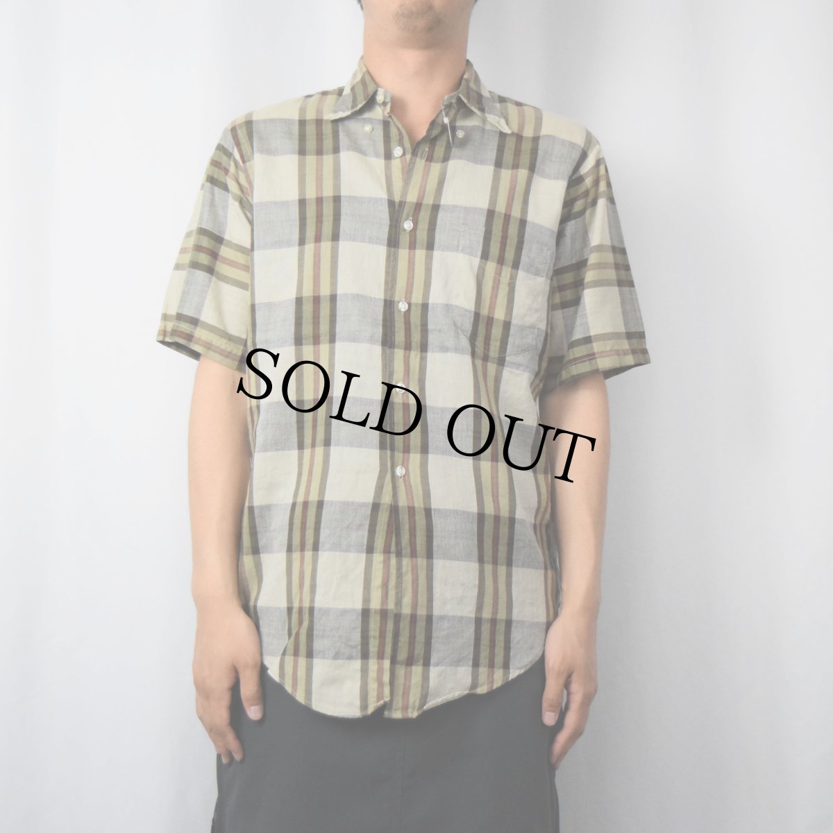 画像2: 60's チェック柄 コットンボタンダウンシャツ M (2)